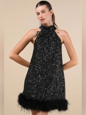 Lulus Black Sequin Feather Shift Mini Dress, high halter neckline. XXL